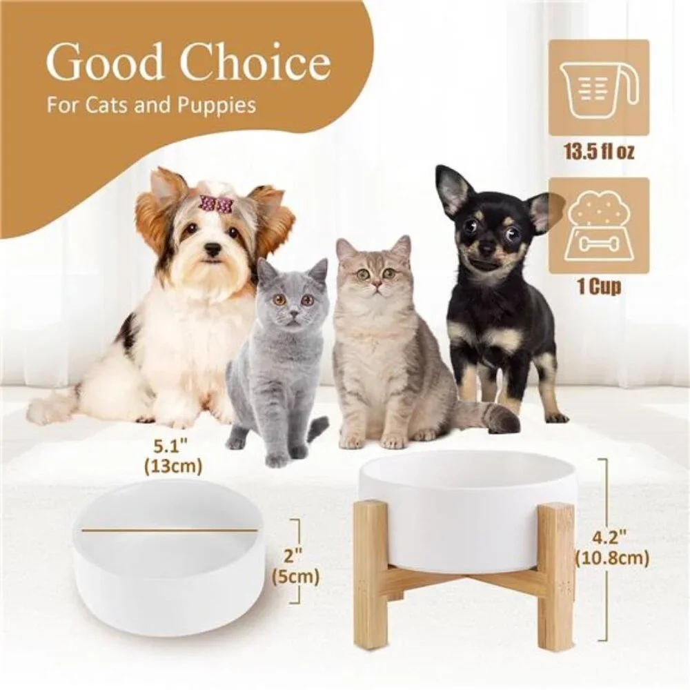 Elevated Ceramic Cat Bowl - Cat Food Bowl with Bamboo Stand - Raised Dog Dish